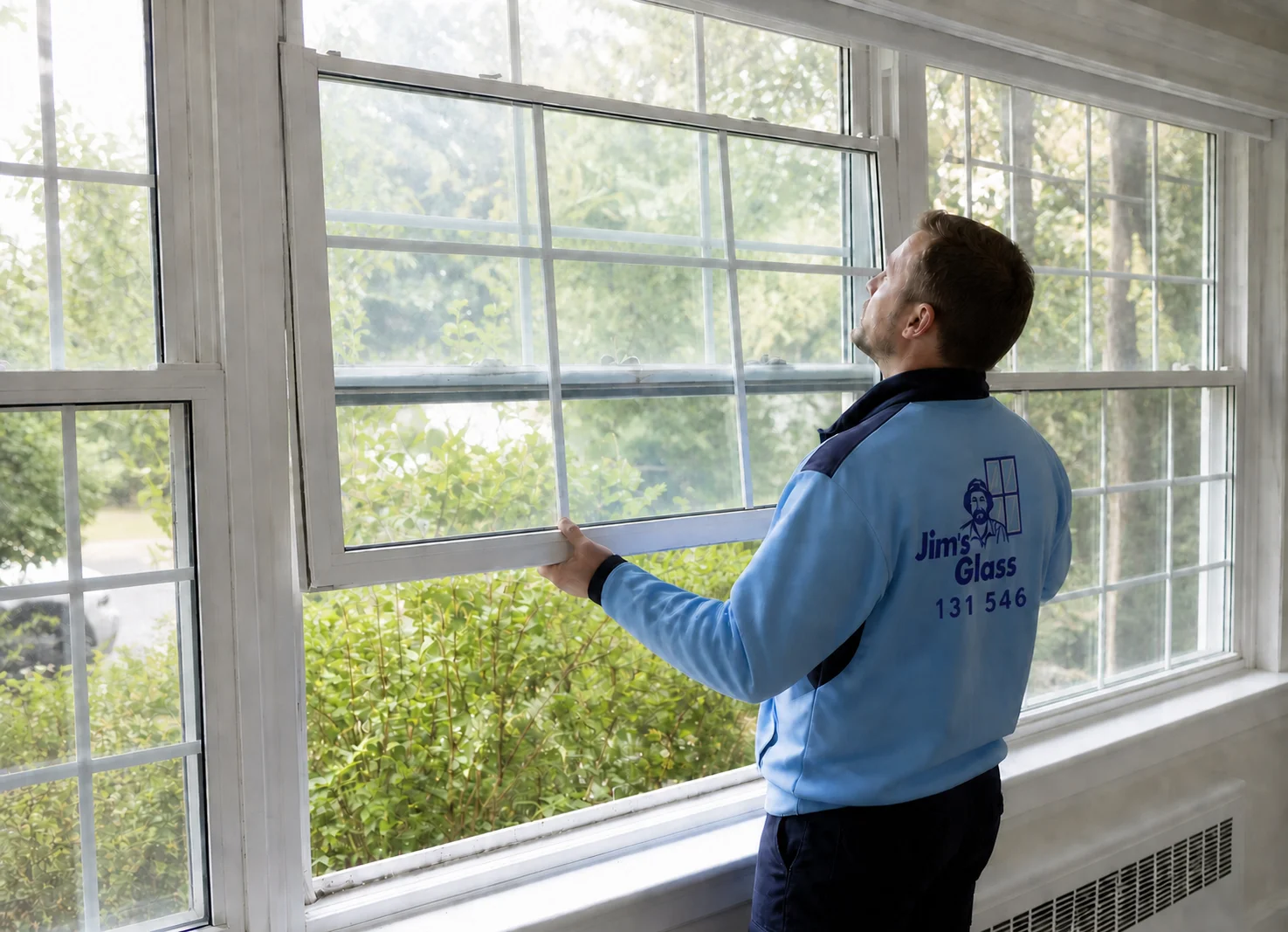 Branded illustration of a glazier working at a residential window