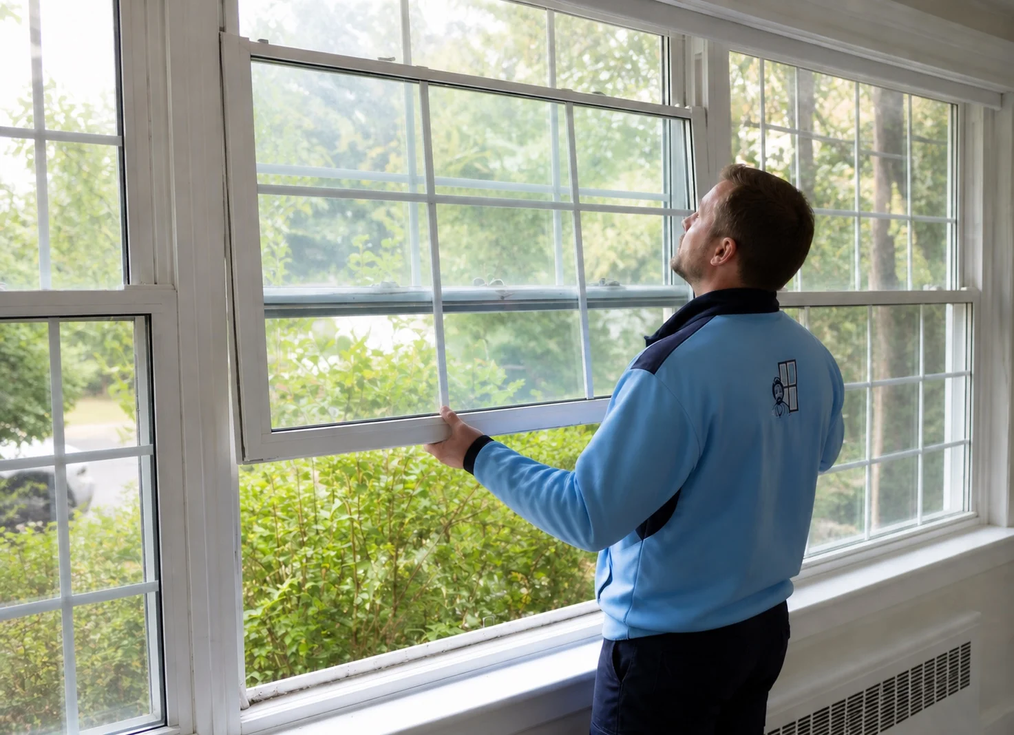 Glazier preparing to replace glass in a residential window