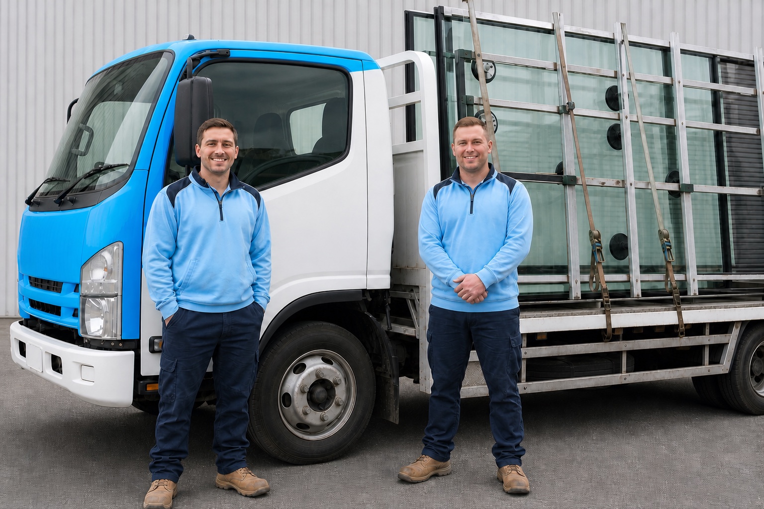 Two Jim's Glass professionals beside a glass service vehicle