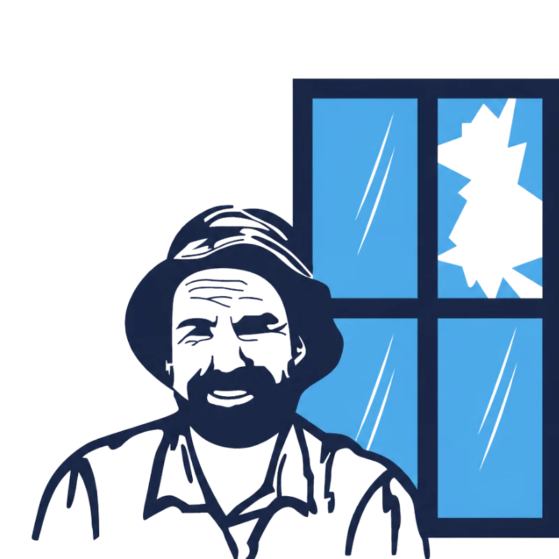 Jim's Glass character beside a broken window
