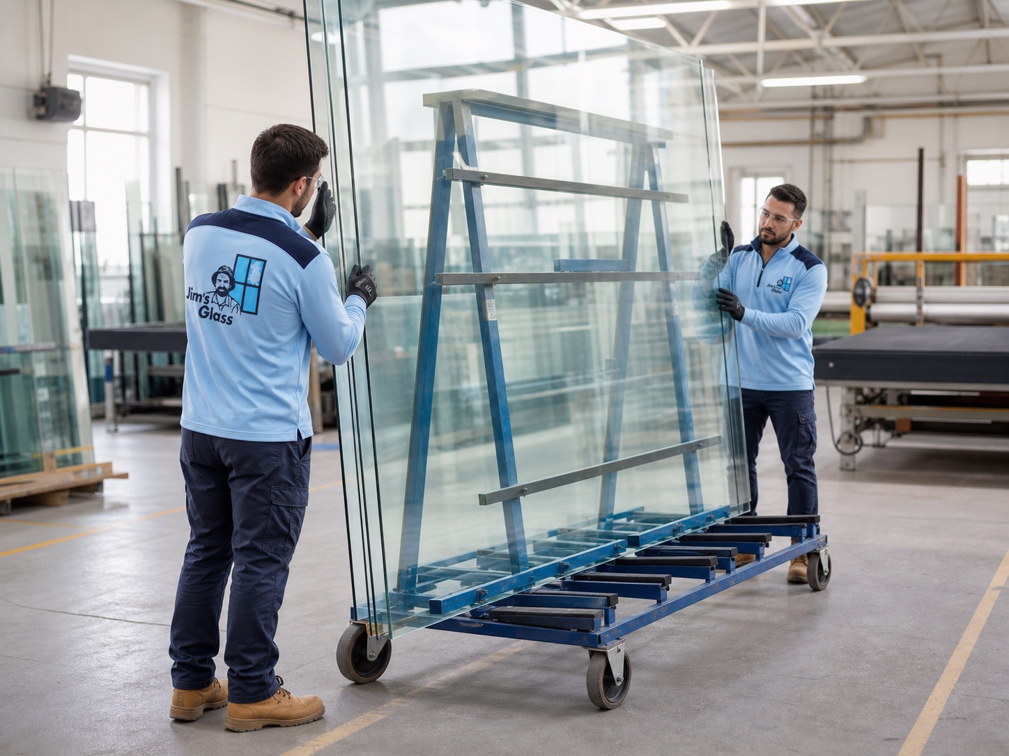 Two Jim's Glass glaziers handling a large glass panel in a professional workshop