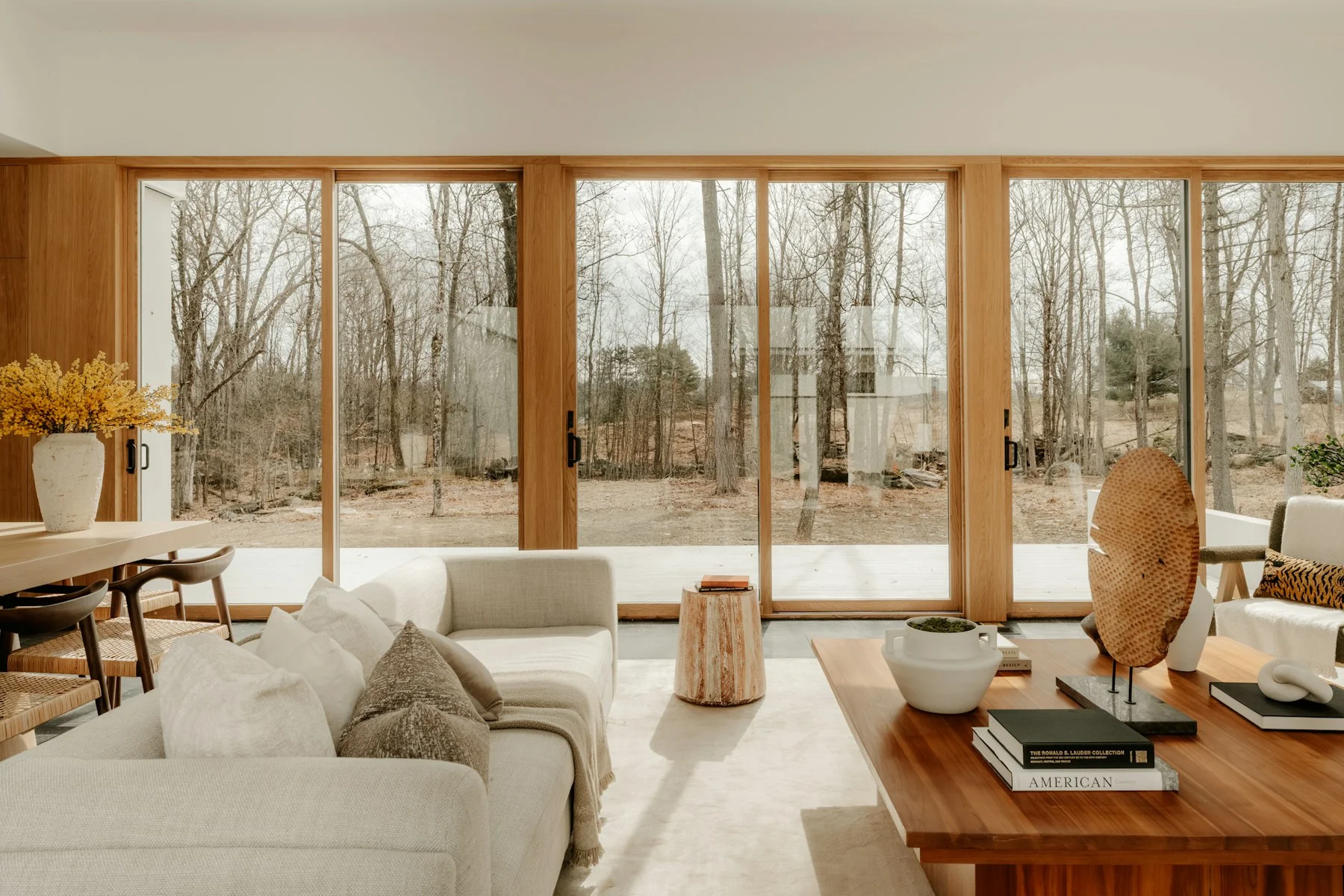 Living room with clear floor-to-ceiling windows overlooking a garden