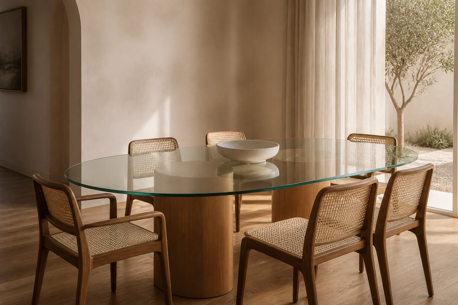 Custom glass dining table top in a modern interior