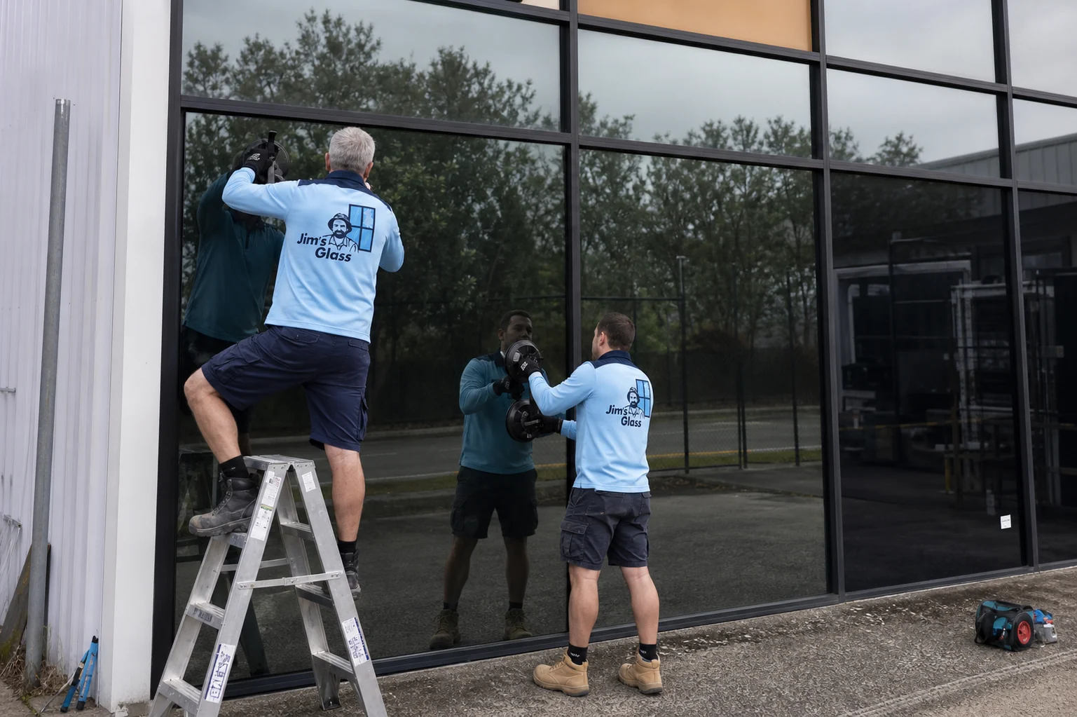 Jim's Glass glaziers replacing a large commercial glass panel