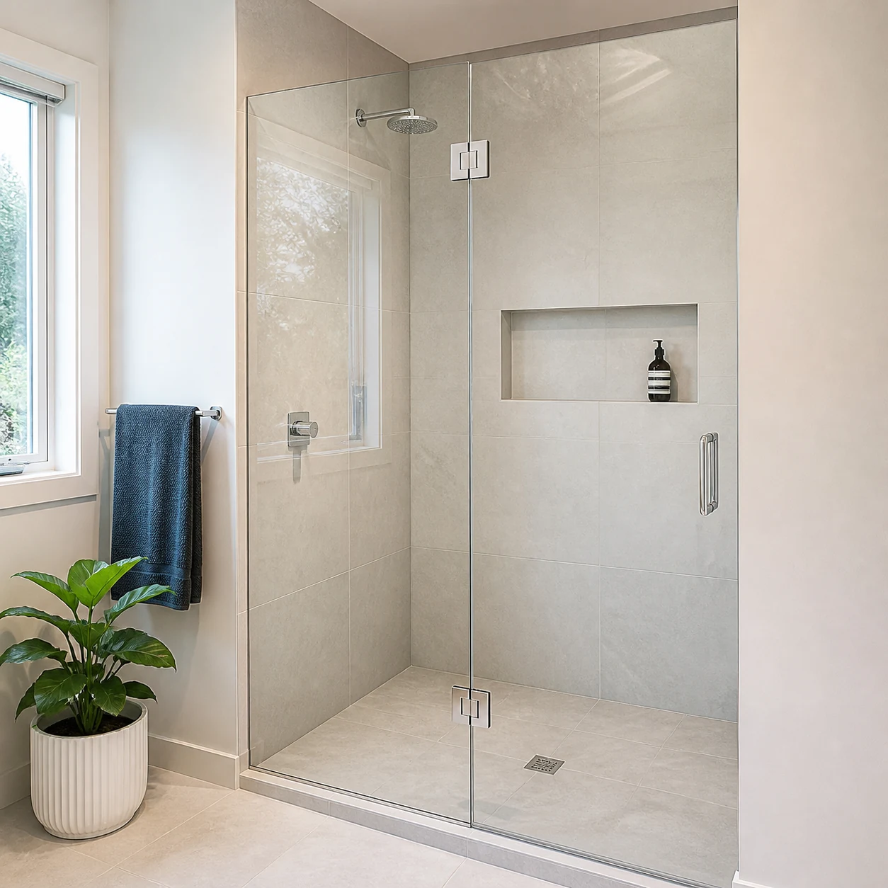 Finished frameless glass shower enclosure with minimal hardware