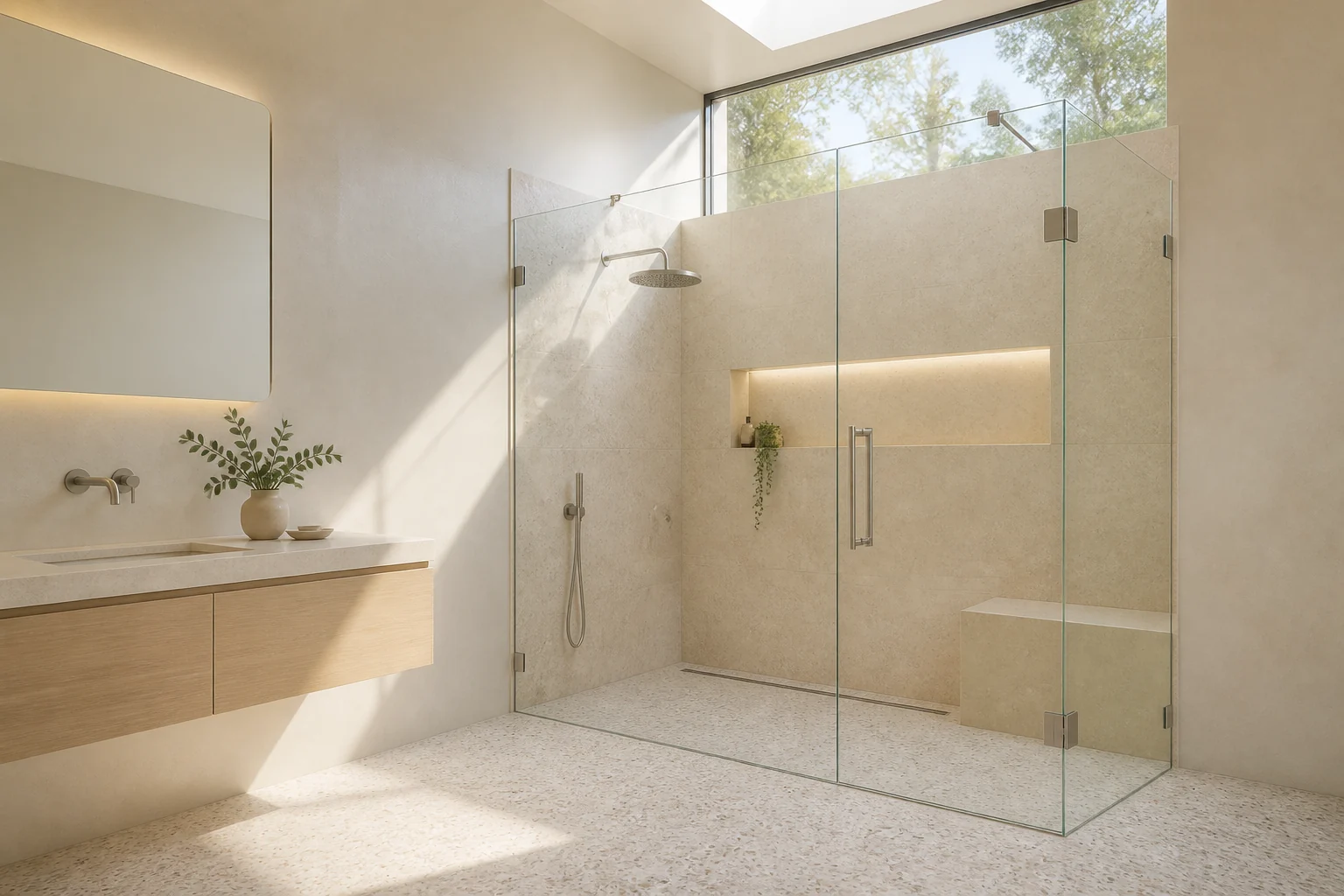 Sunlit bathroom with a custom frameless glass shower enclosure