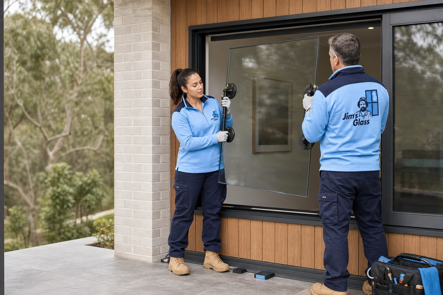 Jim's Glass glaziers positioning replacement window glass
