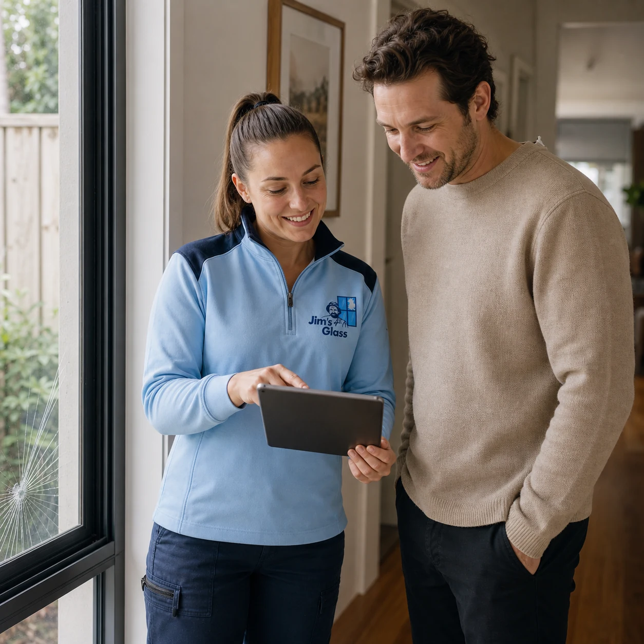 Jim's Glass glazier reviewing a glass insurance quote with a homeowner