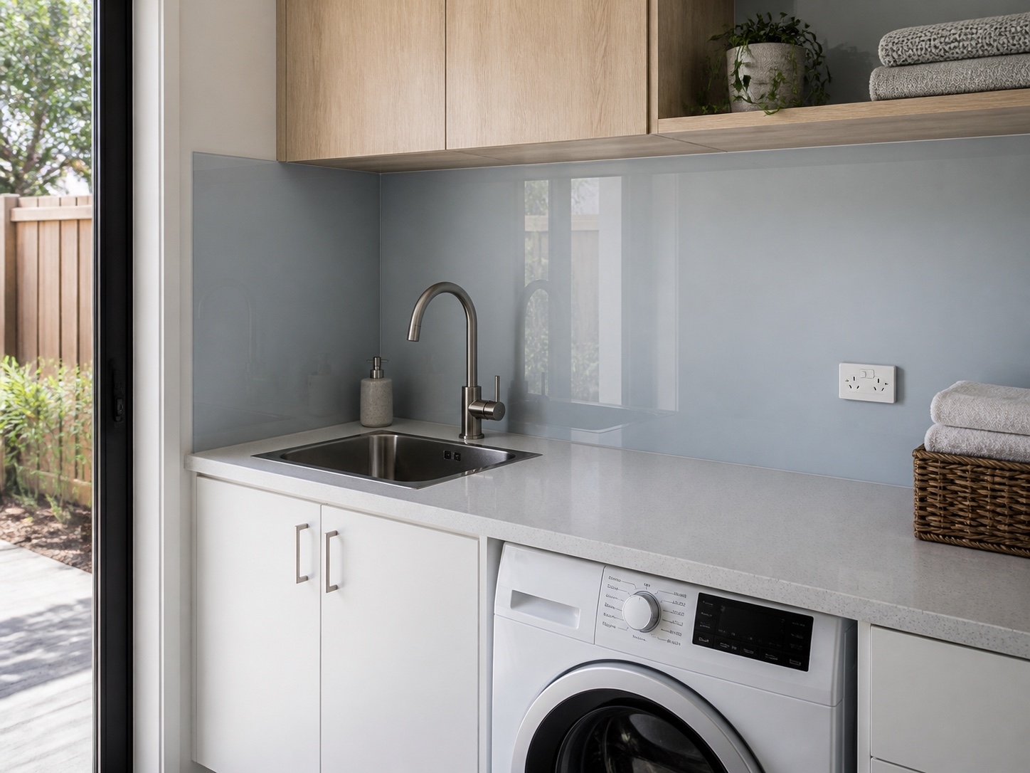 Pale blue-grey glass splashback fitted behind a laundry sink and benchtop