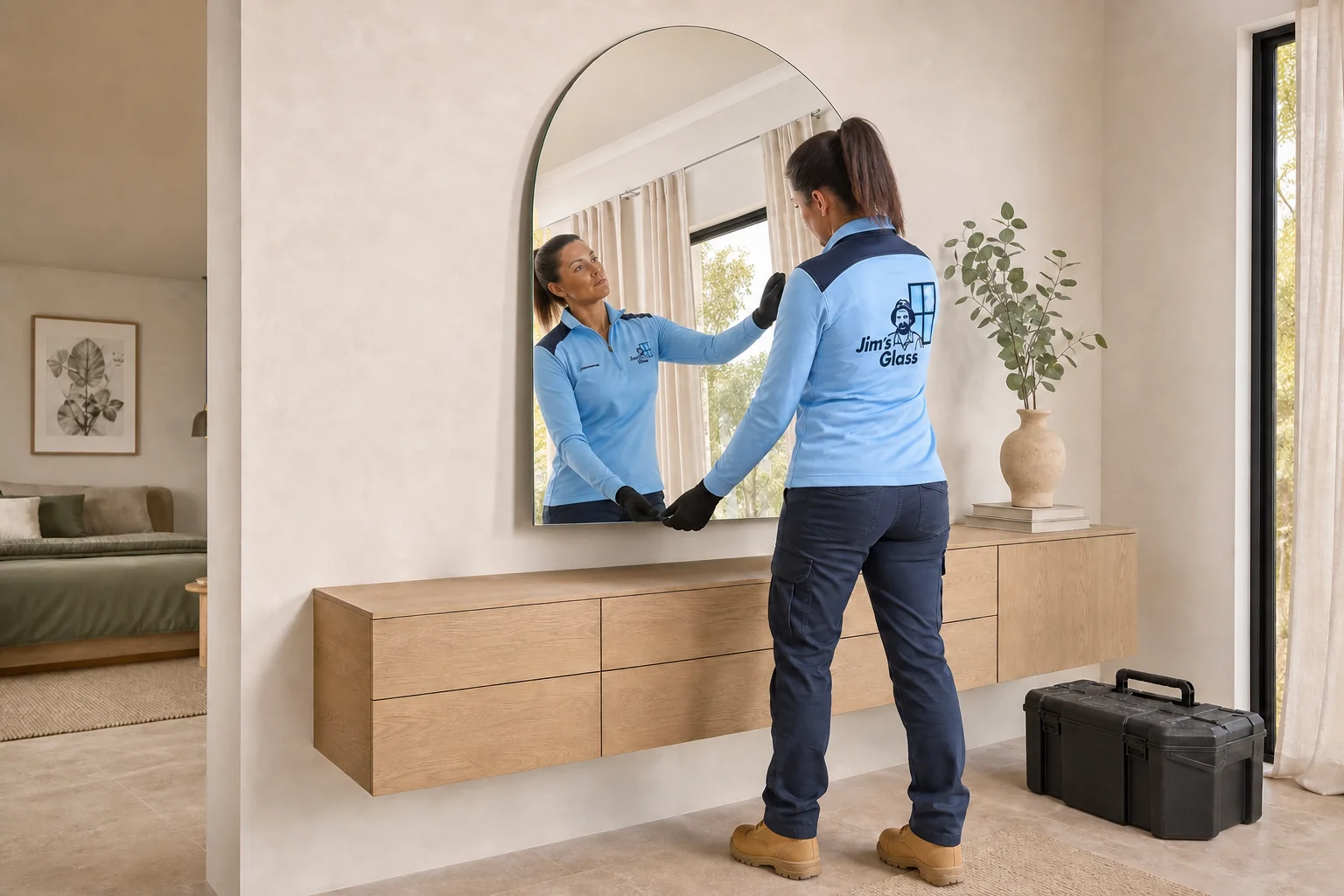 Jim's Glass glazier checking the alignment of a custom mirror