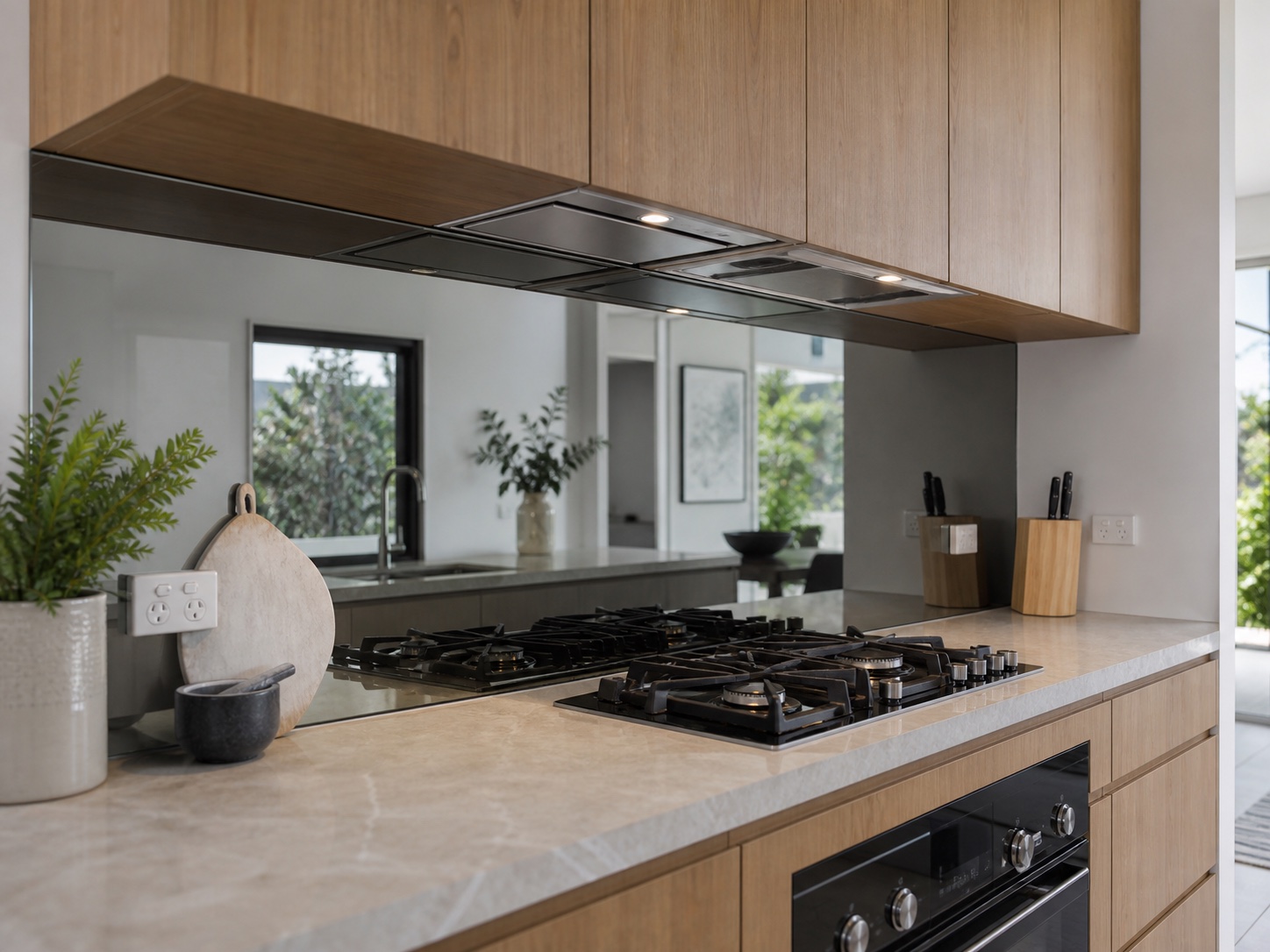 Purpose-made smoked mirrored glass splashback reflecting a contemporary kitchen