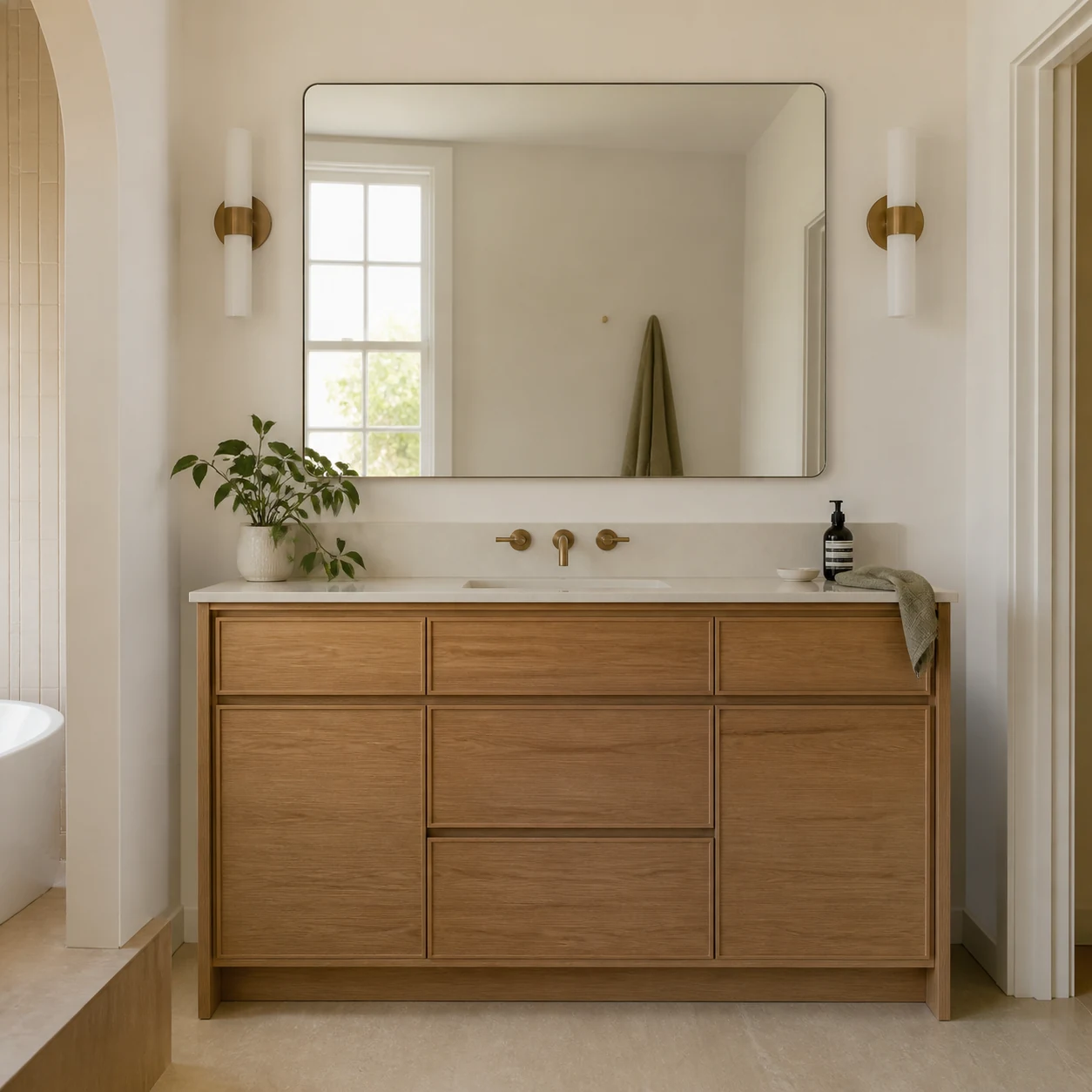 Custom mirror fitted above a timber bathroom vanity