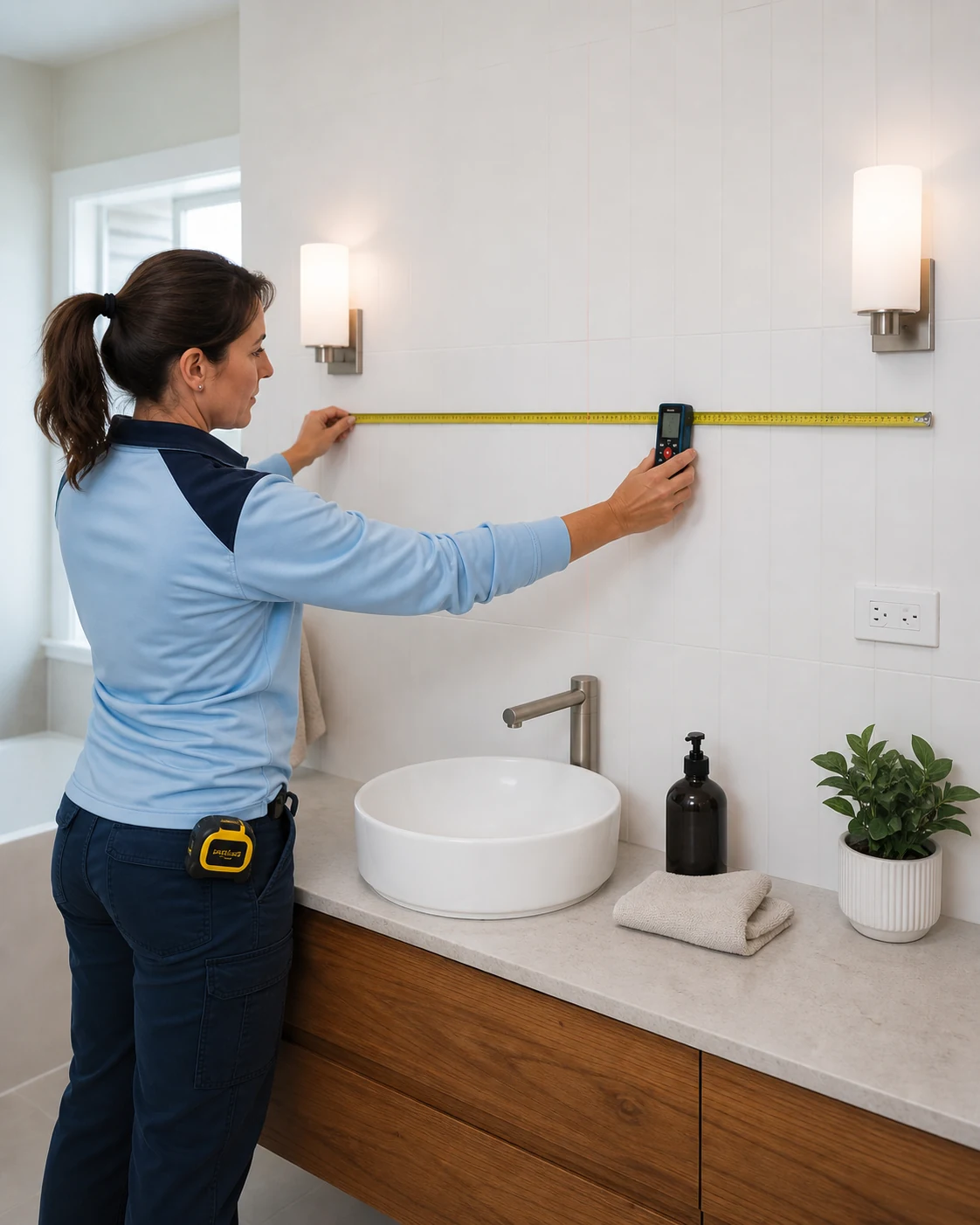 Jim’s Glass glazier measuring a bathroom wall for a replacement mirror