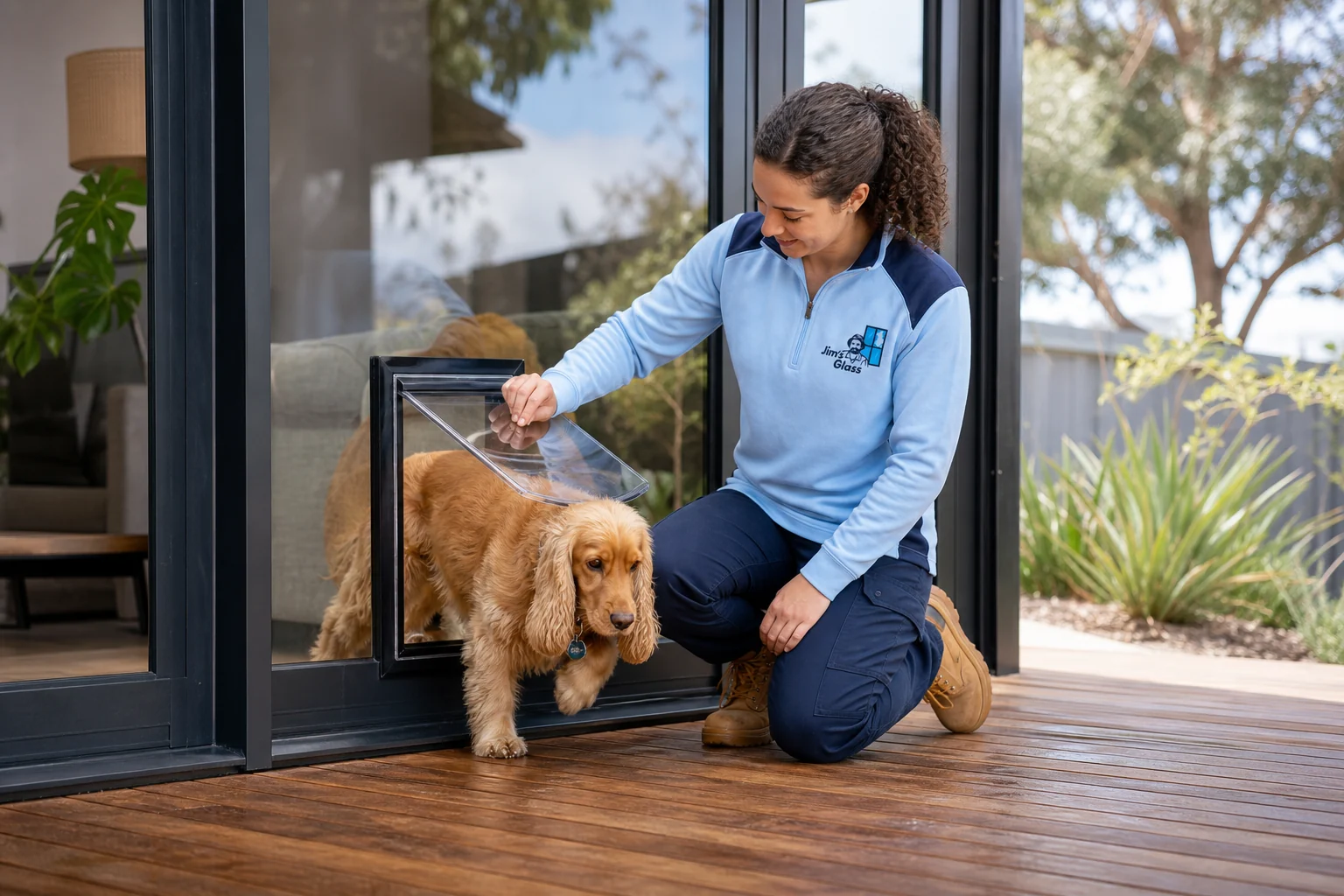 Jim's Glass glazier helping a dog through a fitted glass pet door