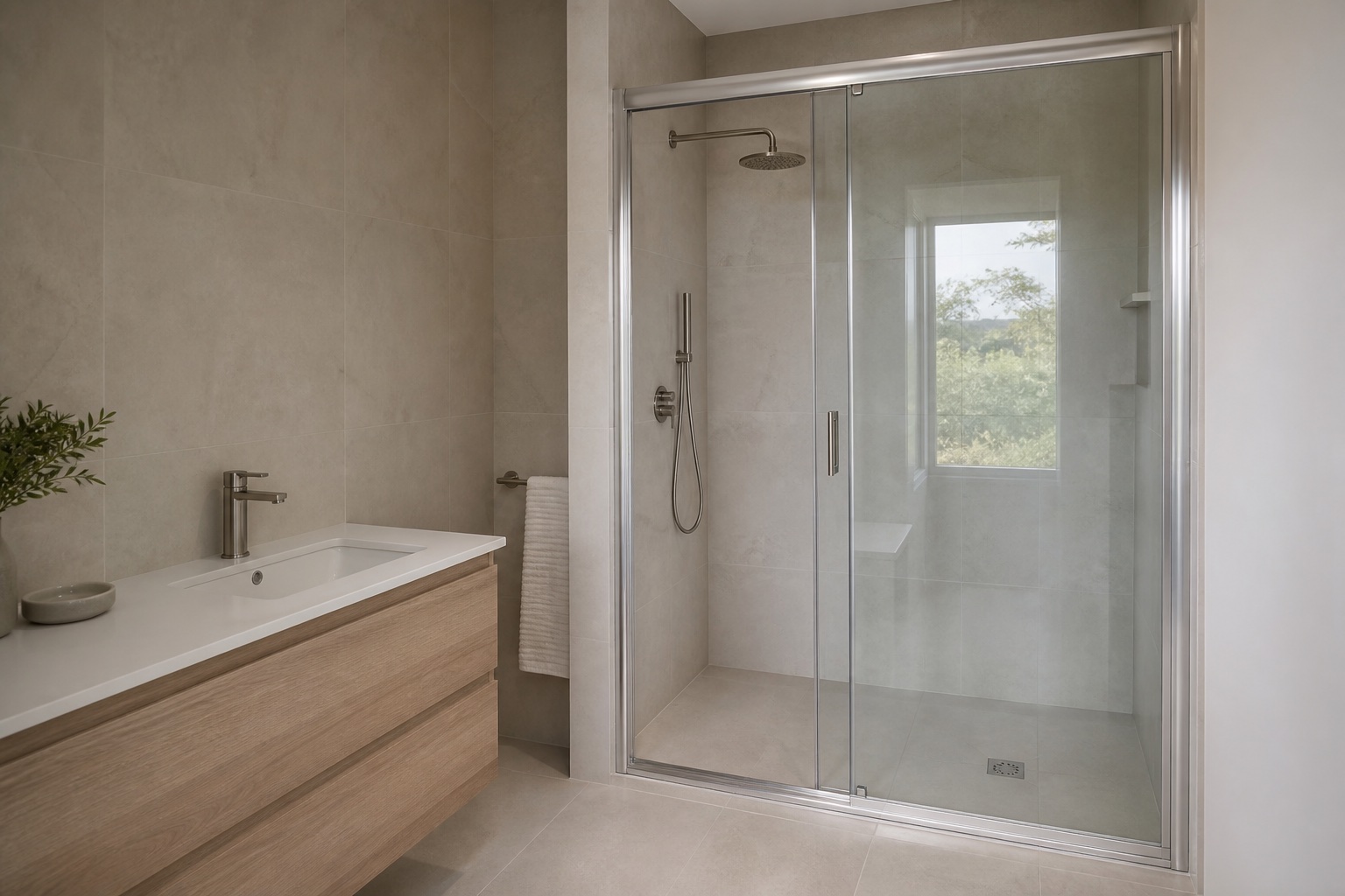 Semi-framed shower screen with a frameless glass door