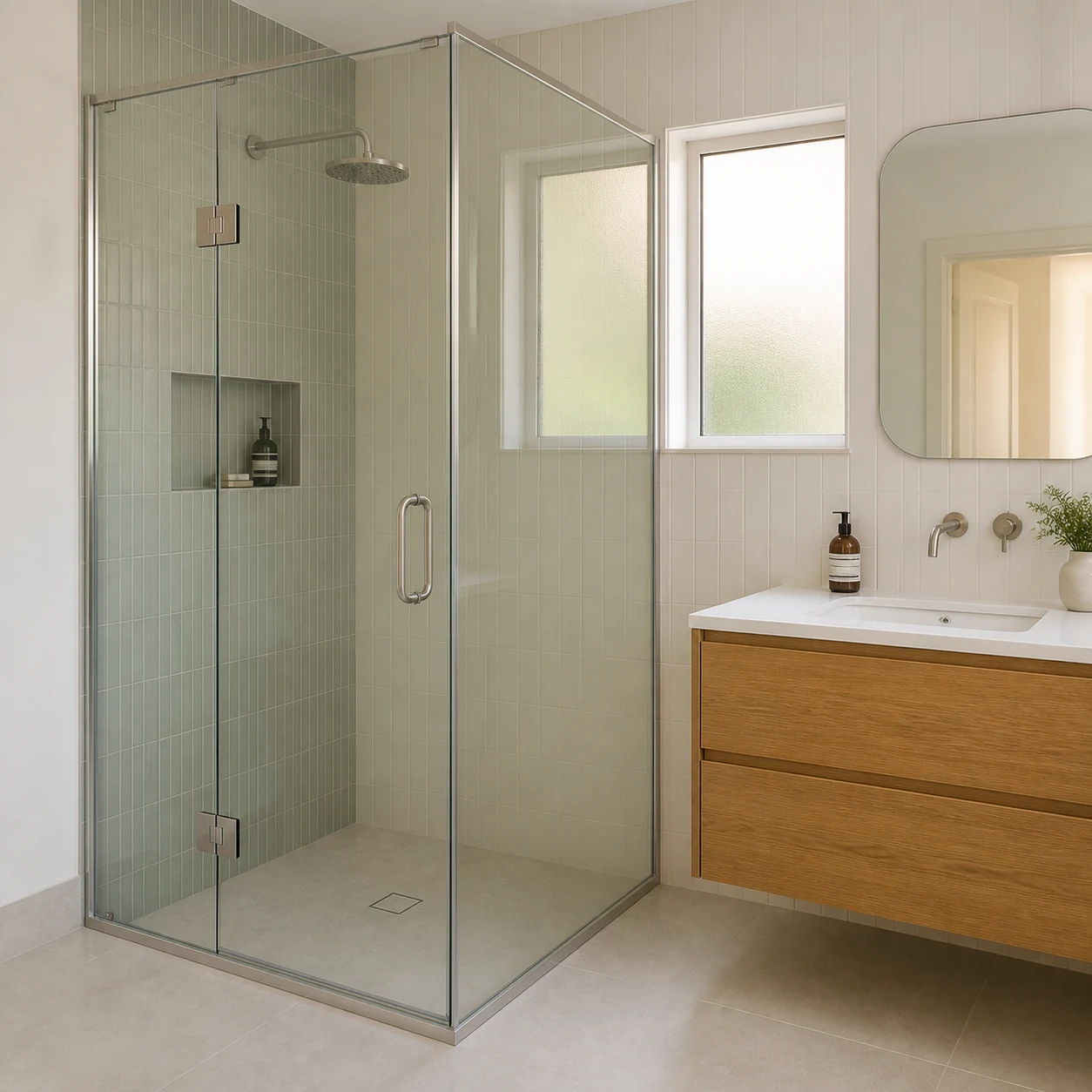 Semi-frameless shower screen positioned beside a bathroom vanity