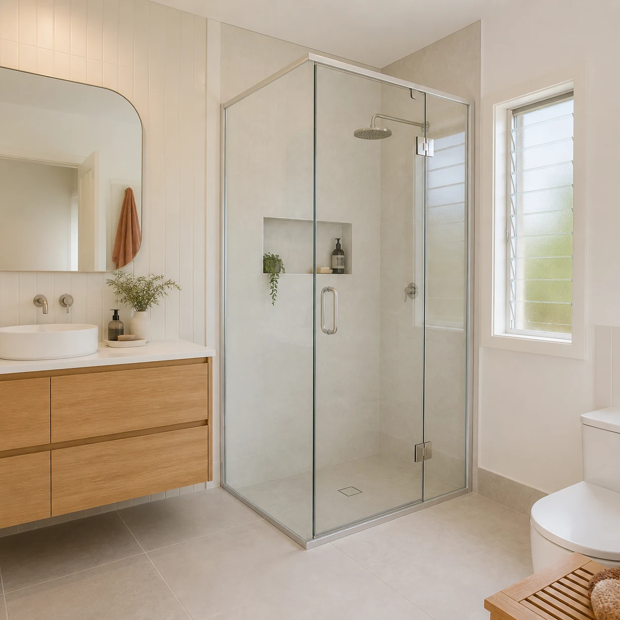 Semi-frameless shower enclosure in a warm contemporary bathroom