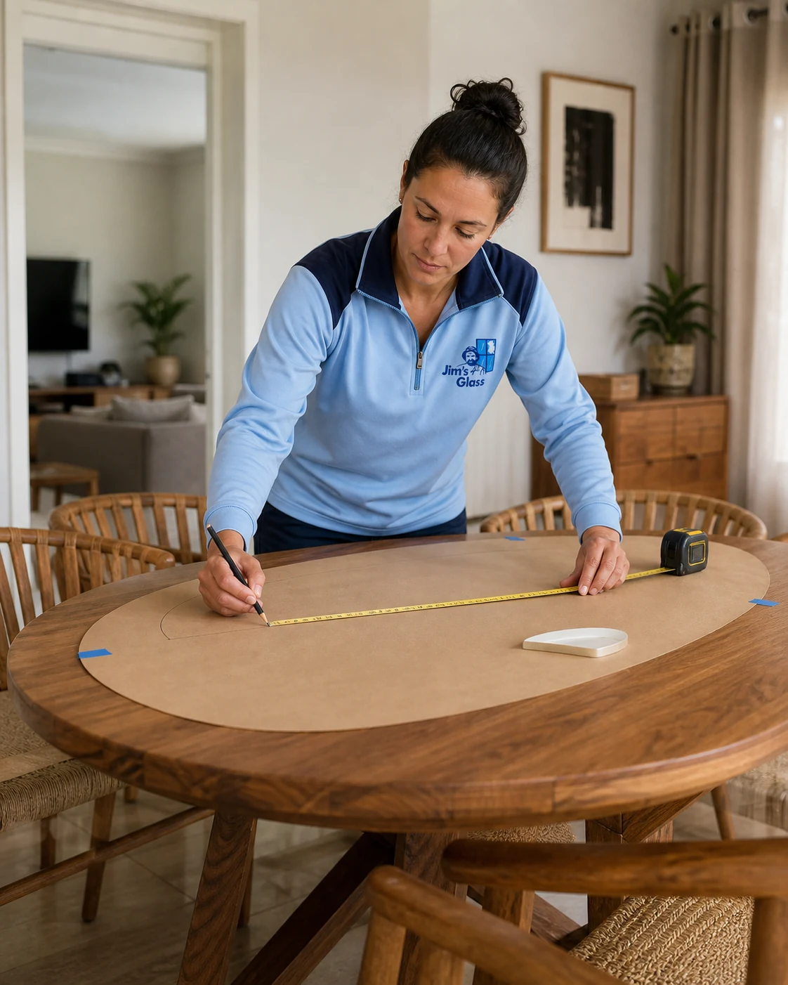 Jim's Glass glazier creating a precise template for a custom glass table top