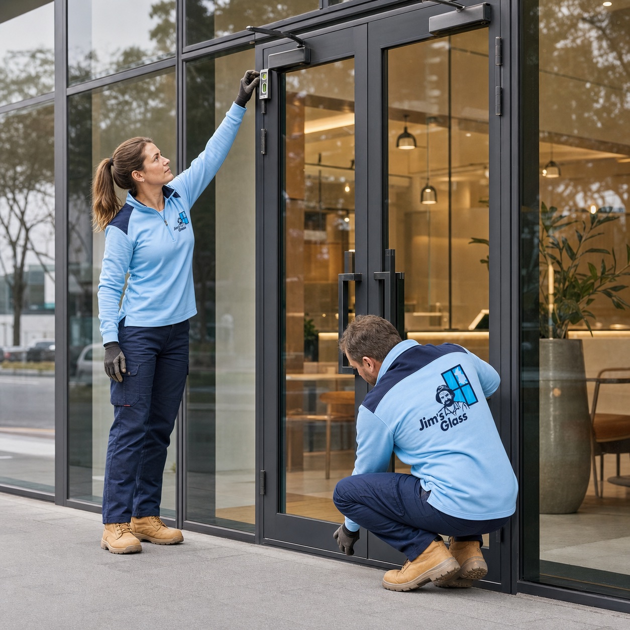 Jim's Glass glaziers inspecting a commercial glass entrance