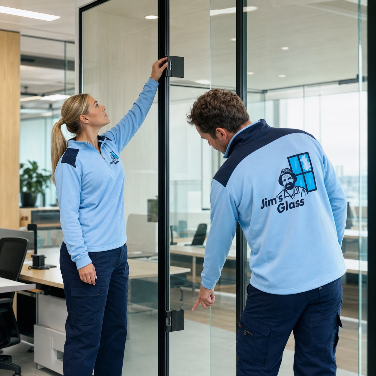 Jim's Glass glaziers inspecting a glass office partition