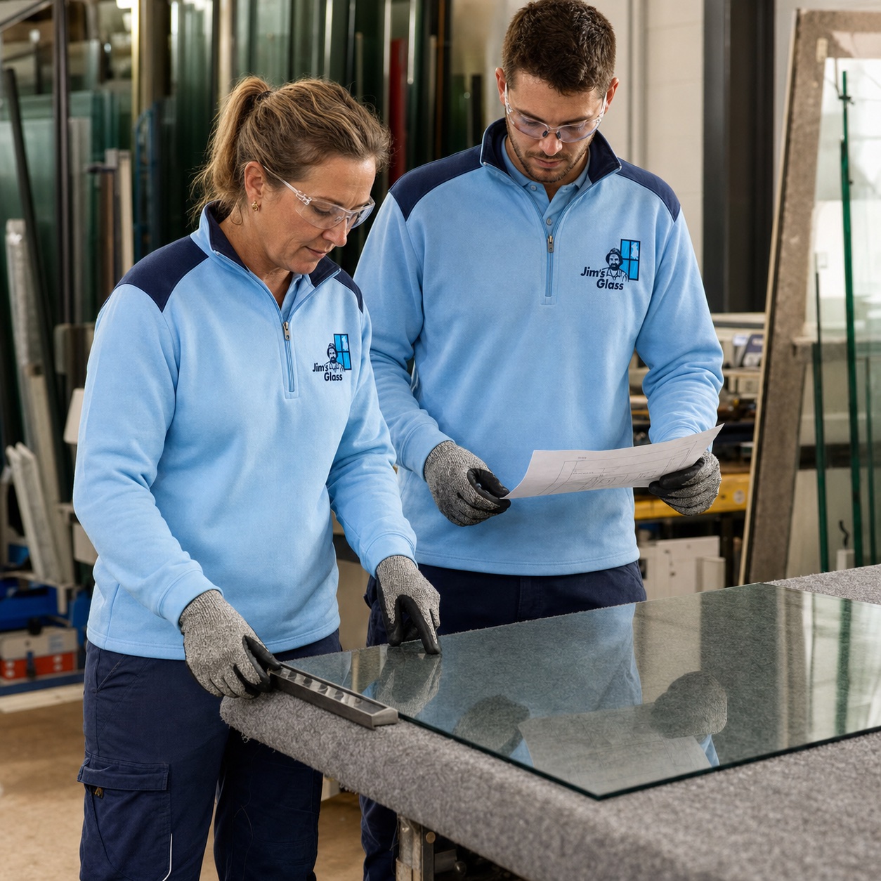 Jim's Glass glaziers checking a glass panel in the workshop