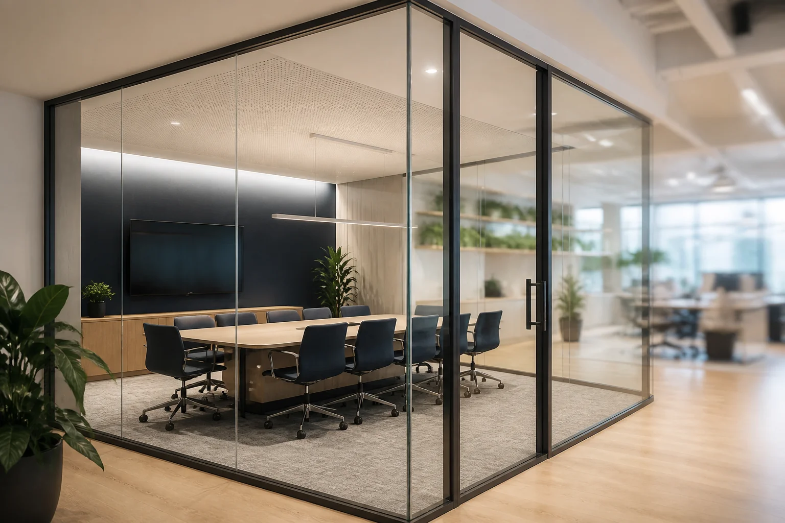 Modern meeting room enclosed by full-height glass walls