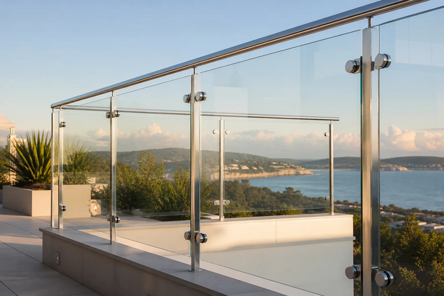 Toughened glass balustrade with stainless-steel posts and handrail